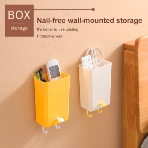 Plastic Wall Mounted Organizer Storage Box Remote Control Mobile Phone Bedside Storage Box With Two Hooks Multifunction Holder