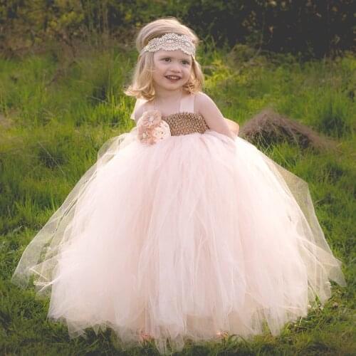 Girls Pink Flower Tutu Dress Kids Crochet Tulle Dress Ball Gown Children Birthday Wedding Party Costume Tutus Evening Dresses