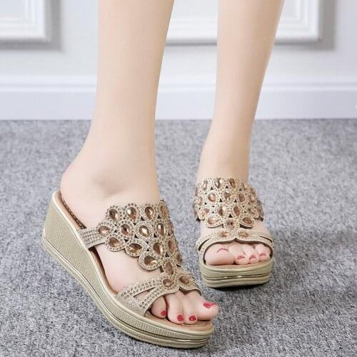 Woman High Heels Platform Sandals Gold Dropshipping Women Summer Wedge Slippers Fashion Big Rhinestone Hollow Out Casual Shoes