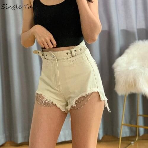 Streetwear Vintage Jeans Shorts Women Fashion Summer Black Hollow Out Chain Sexy Denim Shorts Mujer High Waist Hot short