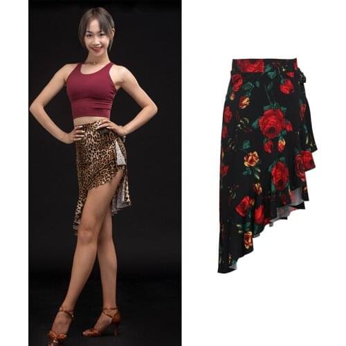 Latin Dance Skirt Women Sexy Leopard / Rose Print Latin Practice Lotus Leaf Skirt Lady Rumba Salsa Samba Dance Costumes VO281