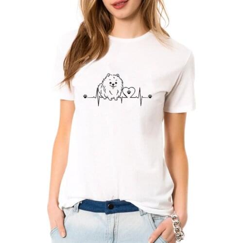 New Funny Pomeranian T Shirt Women Short Sleeve O-Neck Cotton Casual Cute Heartbeat Dog Girls Woman Tshirt Casual Plus Size