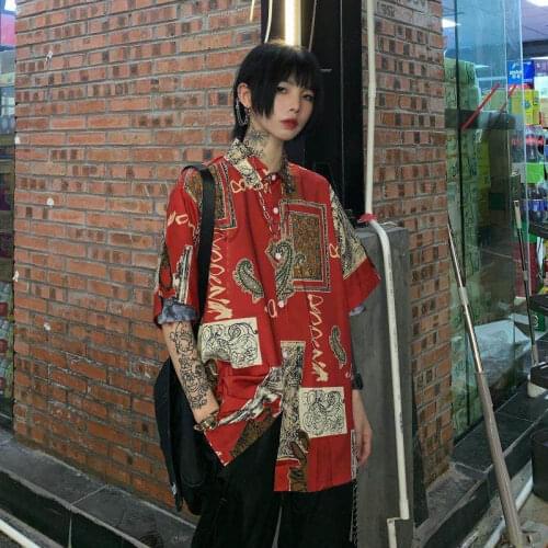 Street Style Short Sleeve Women Shirt Hip Hop Button Loose Oversize Pluse Size Print Ladies Blouse 2021 Summer Female Clothing