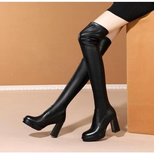 Genuine Leather Riding Boots Women Over The Knee Boots Round Toe High Heels Female Shoes Women Autumn Winter Boot Plus Size 2020