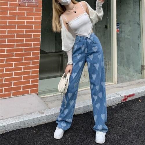 Shnsophi Straight Denim Pants Women High Waist New 2021 Vintage Baggy Wide Leg Trouser Streetwear Printing Casual Mom Blue Jeans