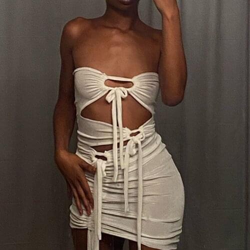 Ribbons Dress Hollow Out Lace Up Off Shoulder Shirring Sexy Summer Sundress Womens Clothes 2021 Bodycon White Club Y2k Dresses