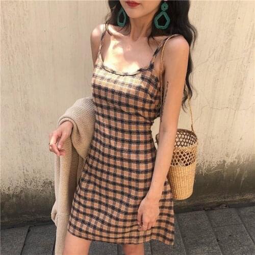Summer Women Sleeveless Dress Plaid Sling Slim Off Shoulder A-line SKinny Trendy Sweet Chic Fashion Steetwears Ins braces skirt