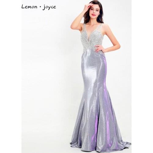 Lemon joyce Elegant Evening Dresses for Women Sexy V-neck Backless Beading Mermaid Long Prom Dress Party Gowns Plus Size