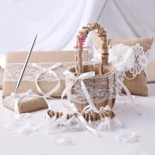 5Pcs/set Burlap Hessian Lace Wedding Decoration Ring Pillow+Flower Basket+Guest Book+Pen +Garter Set Bridal Product Supplies