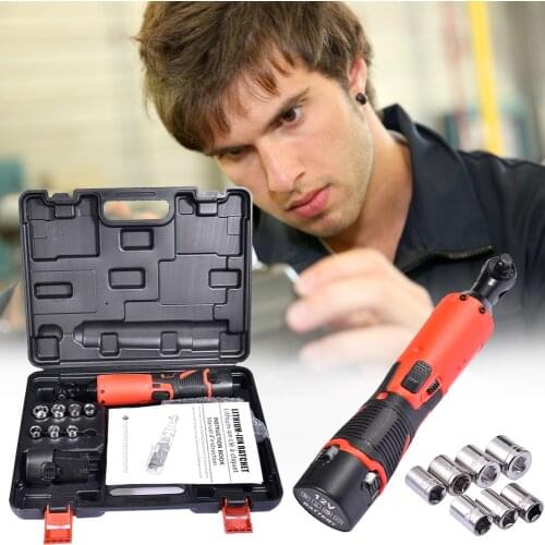 Cordless Electric Ratchet Wrench With Two 12V Lithium Ion Batteries 7pcs 3/8 Inch Metric Sleeve Plastic Box Sleeve Set