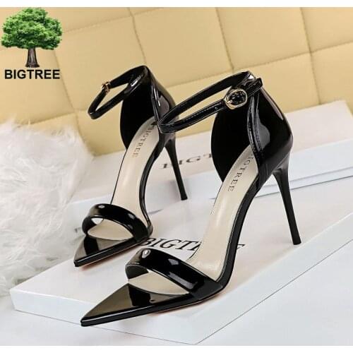 Fashion Sandals Woman Ankle Strap Summer Shoes Thin Heel High Heels Patent Leather Pointed Women Shoes European American 528-A1