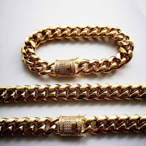 Hip Hop Stainless Steel Mens Gold CZ Miami Cuban Link Chain Necklace Bracelet Rhinestone Clasp Rock Jewelry sets 8/10/12/14mm
