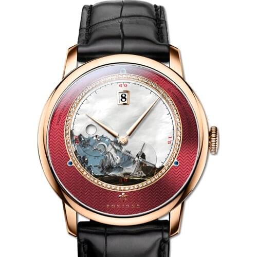 PONIGER Men Business 50M Waterproof Fashion Scenery Dial Windmill Second Hand Automatic Self-wind Mechanical Wrist Watches