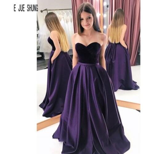 E JUE SHUNG Purple Velvet Evening Dresses Sweetheart Zipper Back With Pockets Prom Gowns Satin Party Dresses vestidos de fiesta