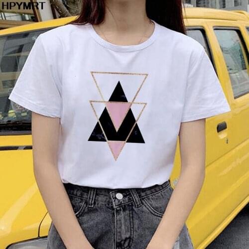 T-shirt Women Summer Harajuku Casual Short-sleeved T-shirts Geometry Print Streetwear O-Neck White Tops Tee 90s Top Tshirt Femme