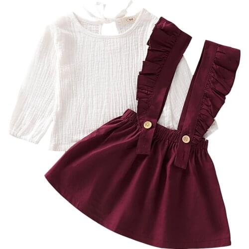 1-6Y Kids Baby Girl Long Sleeve Cotton T-shirt Tops Ruffles Suspender Skirt 2PCS Princess Girls Clothes Set