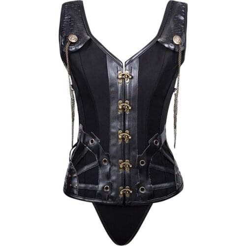 Steampunk Corset Gothic Clothing Sexy Faux Leather Steel Boned Waist Corset Vest Top Chain Modeling Strap Corsets And Bustiers