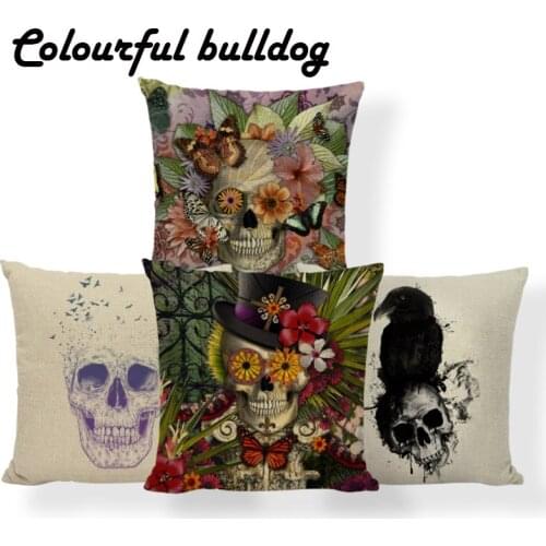 Sugar Skull Mexican Cushion Halloween Pillow Cases Horror Roses Tropical Style Home Holiday Gift Throw Pillow Case 45X45Cm Linen
