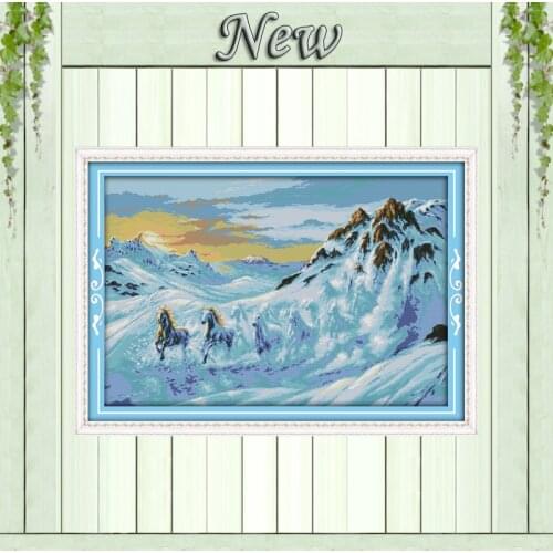 Horses running in the snow mountain,Counted Printed on fabric DMC 11CT 14CT Cross Stitch kits,Needlework Sets Embroidery,Animal