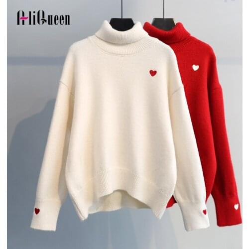 2020 AutumnWomen Thick Long Sleeve Turtleneck Knitted Loose Sweaters Pullover Korean Female White Winter Warm Oversized Sweater