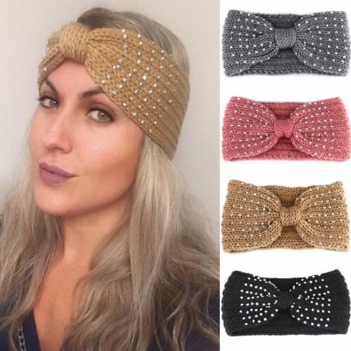 2021 New Winter Warmer Ear Knitted Headband Bow Rhinestone Headwear For Women Girls European Solid Turban Hair Band Head Warp