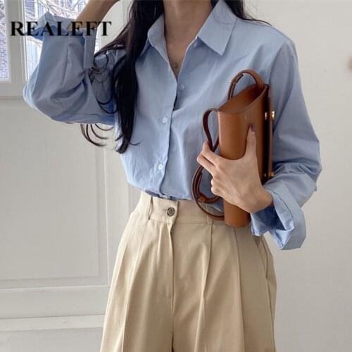 REALEFT 2021 New Spring Chic Turn-down Collar Womens Blouse Single Breasted Casual Loose Female Blouse Tops Workwear Shirts