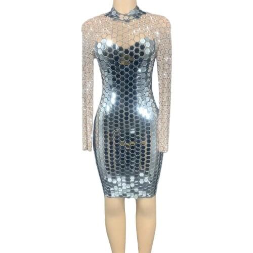 Luxury Fashion Silver Mirror Rhinestones Short Dresses for Women Birthday Celebrate Outfit Transparent Dress Dancer Show Costume