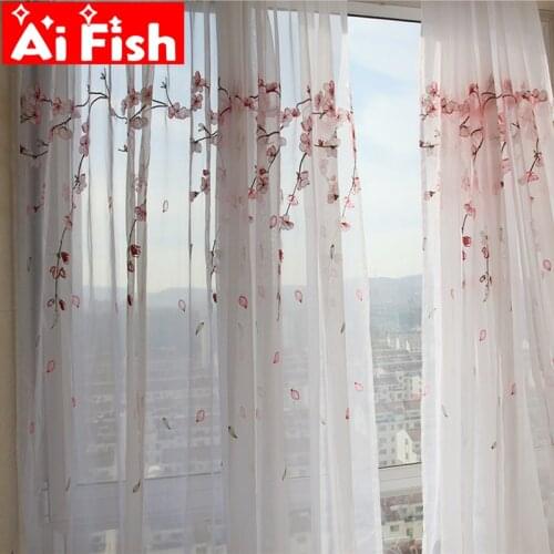Pink plum blossom semi-sun shade balcony partition decorative window screen tulle embroidery curtains for living room MY045#50