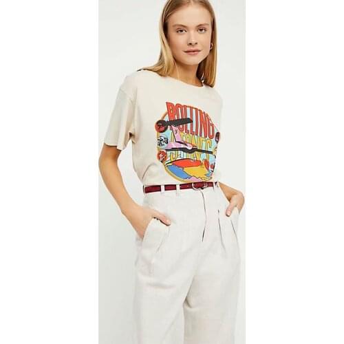 Vintage Beige Rolling Stones Summer Tshirt Rock Cartoon O Neck Cotton T-Shirt Girls Streetwear Designer Style New Arrivals 2019