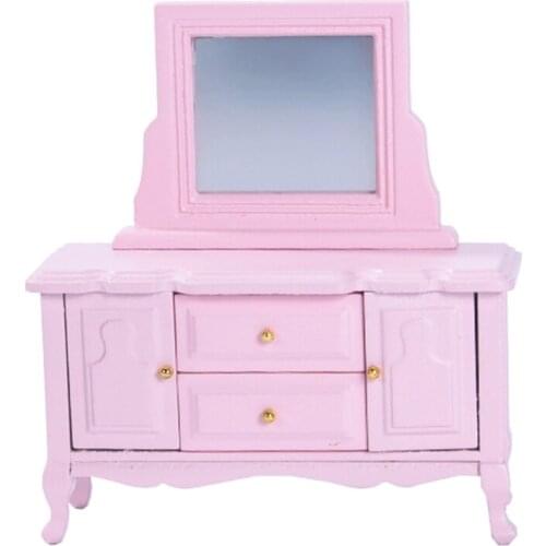 Y3NF 1:12 Scales Miniature Dollhouse Makeup Dressing Table Mirror Jewelry Wood Desk Vanity Set Pretend Play Kids Miniature