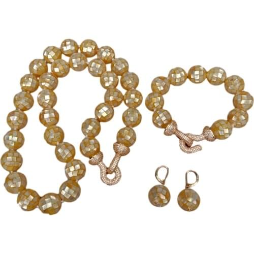 YYGEM 16mm Round Faceted Natural Golden Abalone Shell Long Necklace Bracelet Earrings Set Cubic Zirconia Pave Clasp