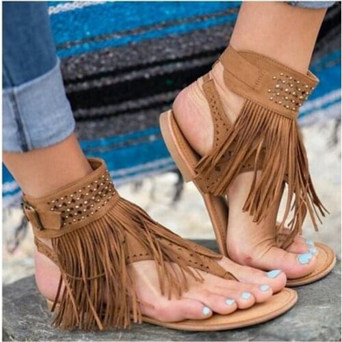 Large size womens shoes European and American tassel pin toe rivet herringbone flat sandals women