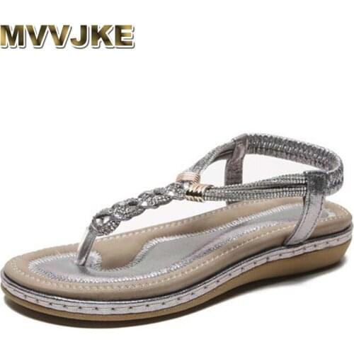 MVVJKEWomens Sandals Braiding Rhinestone Flat Shoes Clip T-type Roman Ladies Shoes Low Flat Outdoor Holiday Femme Slides Summer