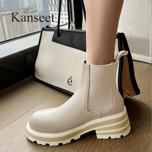 Kanseet Round Toe Short Boots For Ladies Autumn Winter New Genuine Leather Chunky Heels Handmade Platform Womens Ankle Boots