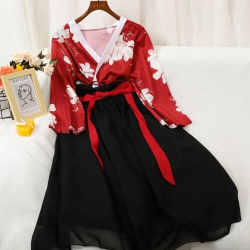 2021 Women Cross Collar V-Neck Flower Print Hanfu Chinese Ancient Bandage Strap Satin Chic Dress Lady Elastic Chiffon Midi Dress