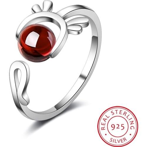 925 Sterling Silver Cute Deer Strewberry Crystal Bead Finger Rings for Women Adjustable Size Sterling Silver Fine Jewelry