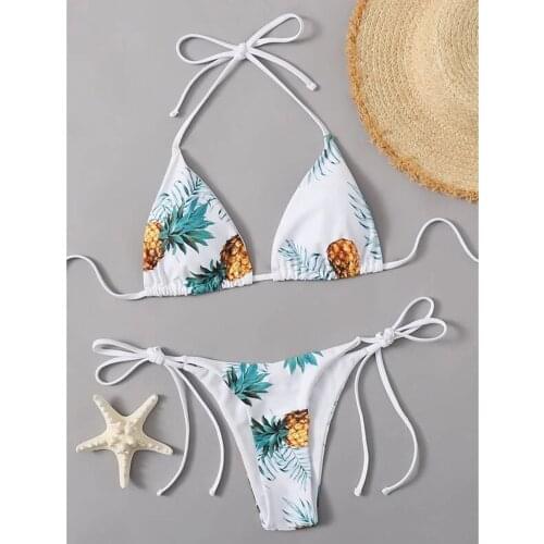 Womens Sexy Mini Bikini Micro Pineapple Printed Female Three-point Split Bandage Bikini set Thong Swimsuit Ladies Swimming Suit