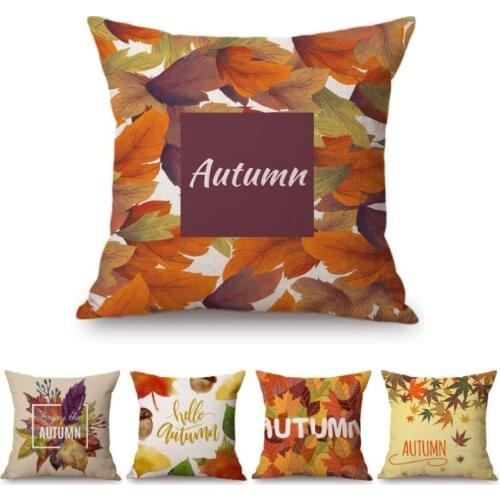 Gold Autumn Floral Leaves Fall Maple Leaf Letter Print Hand Painting Home Decorative Pillow Case Cotton Linen Sofa Cushion Cover
