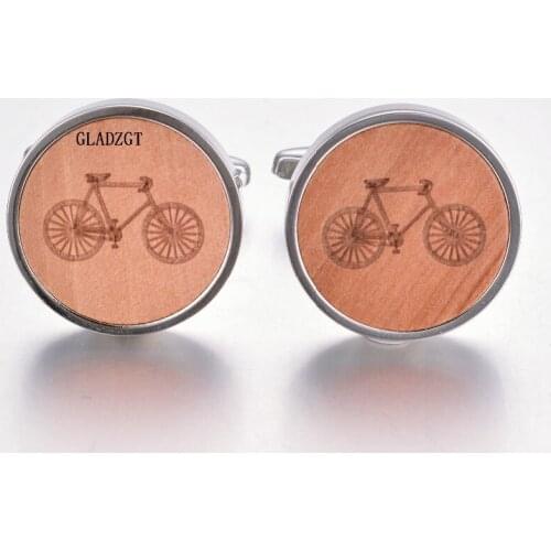 2PCS Fashion Wedding Anniversary Wood Cufflinks for Men Bike Bicycle Sport Cuff Links Laser Engraved