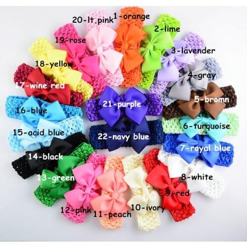 22 pcs/lot Baby Ribbon Bow on 1.5" Crochet Headband
