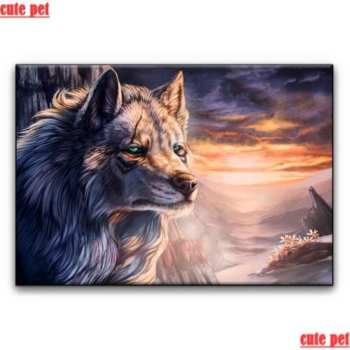 Cute pet Diy diamond painting Wolf in the sunset full Square round drill cross stitch 5d Embroidery mosaic rhinestone Art decor