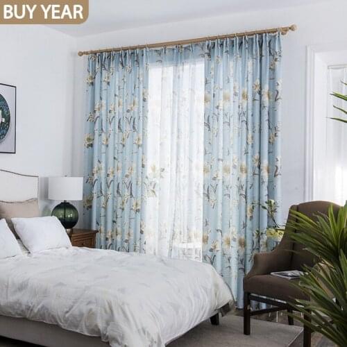 American Curtains for Living Dining Room Bedroom Pastoral Style Blue Printed Fabric Curtains Morden Tulle Customization Curtain