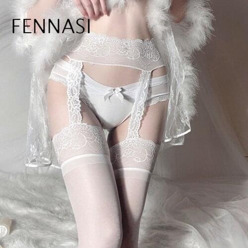 FENNASI Thigh High Socks Sexy Lingerie Sexy White Lace Suspender Stockings Temptation To Open Files Siamese Lolita Stocking