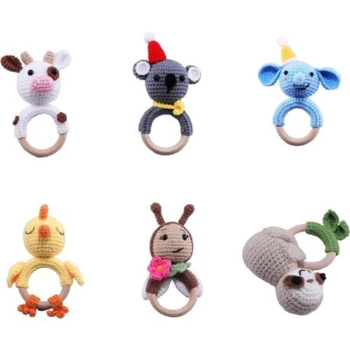 Handmade Crochet Animal Rattle Baby Wooden Teether Ring Infant Teething Nursing Soother Molar Toys Newborn Shower Gifts