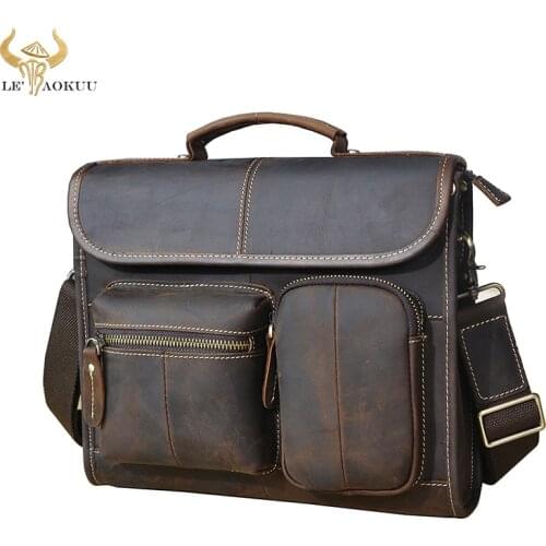 Crazy Horse Natural Leather Male Designer Casual Messenger Crossbody bag Fashion Mochila Satchel University School Book bag 202
