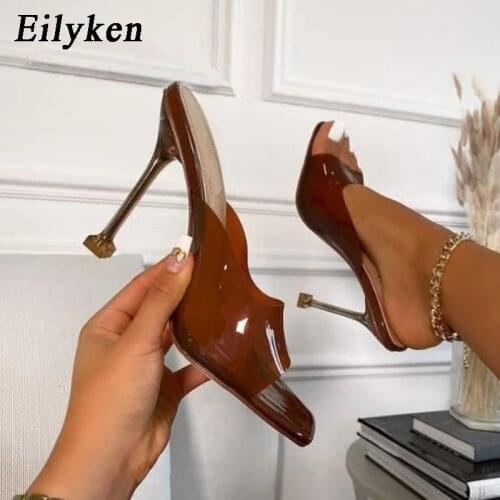 Eilyken 2021 New Fashion Square Toe PVC Transparent Sexy Brown High Heels Slippers Summer Outdoor Leisure Jelly Shoes