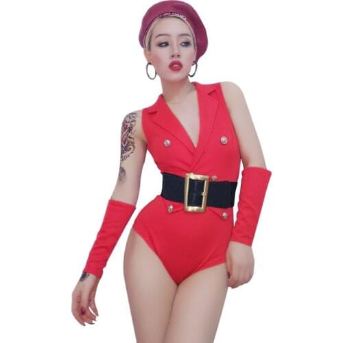 Custom Style Sexy Nightclub Clothes Red Beyonce Bodysuit Dj Jumpsuit Woman Stage Outfit Stage Costumes For Singers