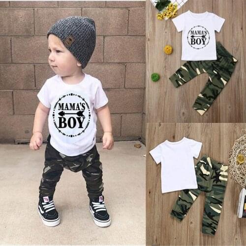 Summer Kids Suit Fashion Newborn Baby Boy Clothes Cotton Letters Tops T-Shirt Camouflage Pants Summer Clothes Boy Clothing Suits