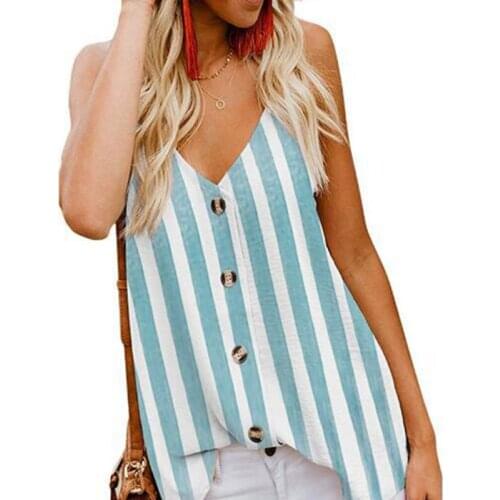 Women Summer Spaghetti Strap Tank Top Button Down Sexy Deep V-Neck Strappy Camis Vest Striped Print Sleeveless Blouse