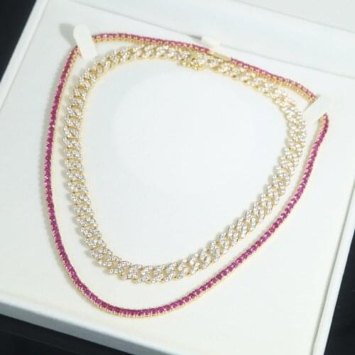 Iced out 3mm red cz paved Tennis Chain Long necklace for Men Chunky Necklace Cubic Zircon Miami Cuban Link Chain Jewelry